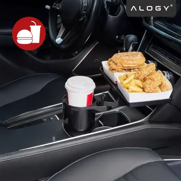 Uchwyt Samochodowy na Kubek i Butelkę Telefon z Obrotowym Stoliczkiem 360°, Mobilny Organizer 2w1, Alogy MultiUse Tray™ – Czarny