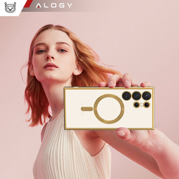 Case for Samsung Galaxy S24 Ultra Mag Safe Glamor Case Ring Housing Camera Protection Alogy Gold Transparent