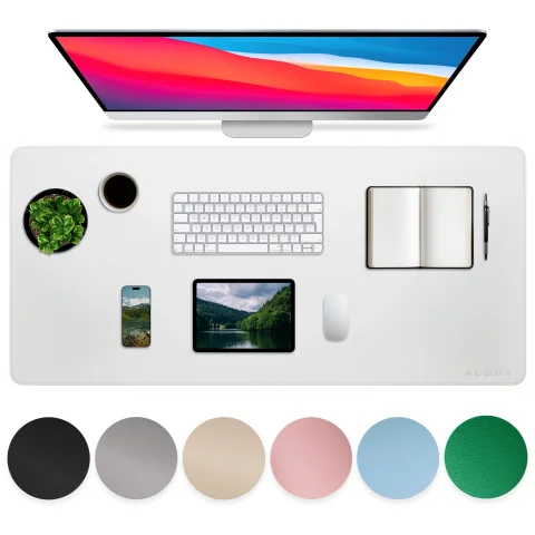 Podložka pod stůl 90×45 cm – protiskluzová ochranná podložka z elegantní PU ekokůže, pro myš a klávesnici, stylová a odolná – Alogy WorkMat™ bílá