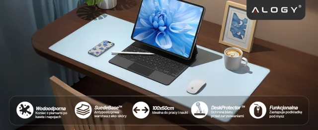 Schreibtischunterlage 100 × 50 cm – rutschfeste Schutzmatte aus elegantem PU-Kunstleder, für Maus und Tastatur, stilvoll und langlebig – Alogy WorkMat™ Blau