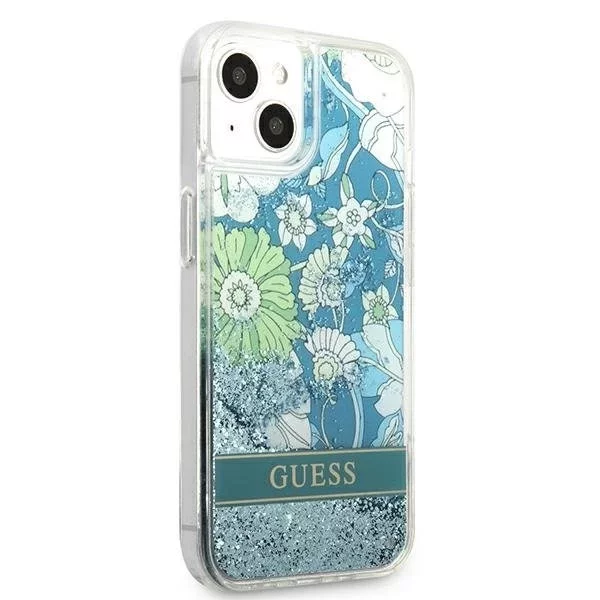 Guess GUHCP13MLFLSN iPhone 13 6,1" zielony/zelené pevné pouzdro Flower Liquid Glitter