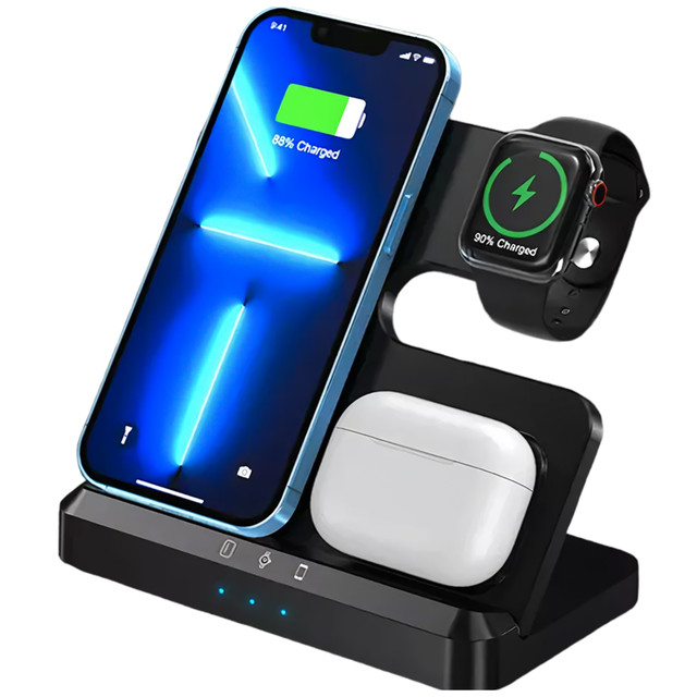 Wireless Charger Inductive Qi QC 3.0 3in1 Fast for Apple iPhone Airpods Watch Charging Station 15W Black