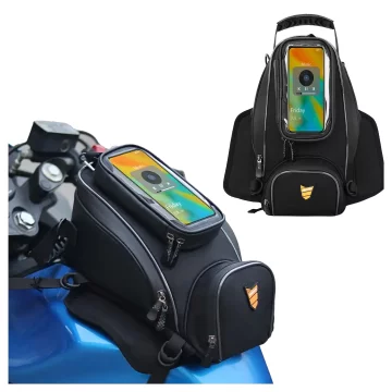 Motocyklová brašna s odnímatelným pouzdrem na telefon, Voděodolná motocyklová brašna s přihrádkami a držákem na nádrž, Prostorná a odolná, MotoRider™ – Černá