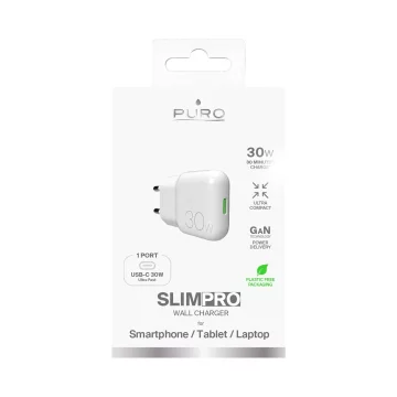 GaN Puro SLIMPRO 30W USB-C PD Wandladegerät Weiß Kompakt
