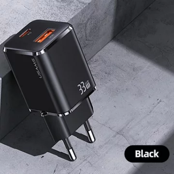 USAMS Ładowarka sieciowa 1xUSB-C+1xUSB T43 33W PD3.0 +QC3.0 + kabel U63 USB-C na lightning czarny/black USKTZ01