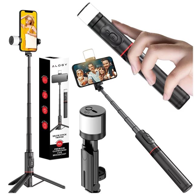 Selfie tyč Bluetooth stick Alogy Tripod Držák telefonu na stativ na fotografie s dálkovým ovládáním 75,8 cm černý