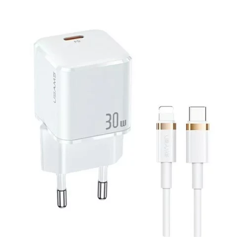USAMS Wandladegerät 1x USB-C T45 30W PD3.0 Schnellladekabel U63 USB-C/Lightning white/white UXTZH02 (USAMS-UX)