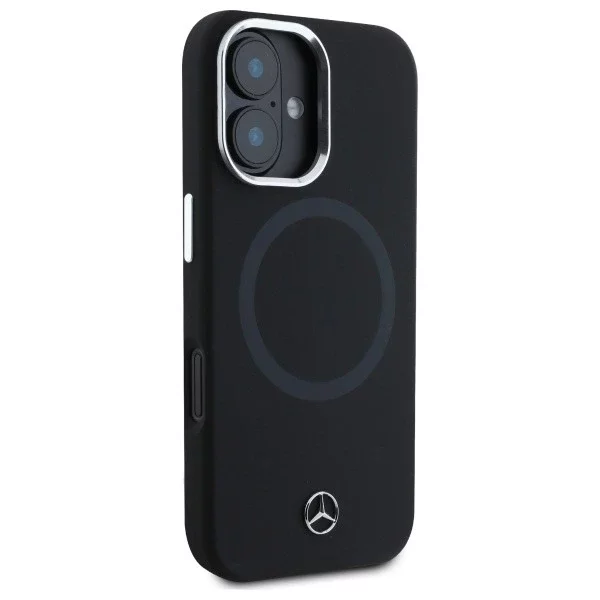 Mercedes-Hülle für iPhone 16 6,1 Zoll, schwarzes Hardcase, Ton-in-Ton-Logo aus Silikon, MagSafe