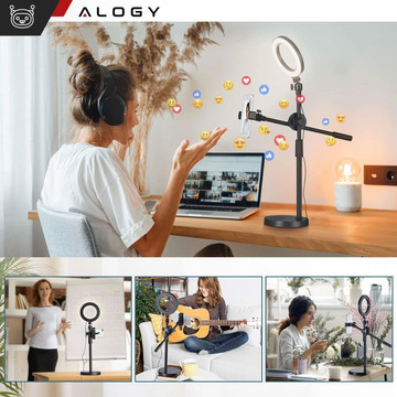 Ring LED ring lamp 10" 2x phone holder standing tripod on desk with adjustable frame Alogy Black