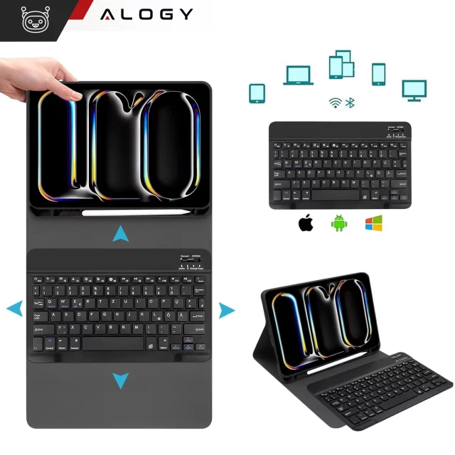 Etui ochronne z klawiaturą do Apple iPad Pro 11" M4 2024 Alogy Keyboard case z miejscem na rysik klawiatura Bluetooth czarne + szkło