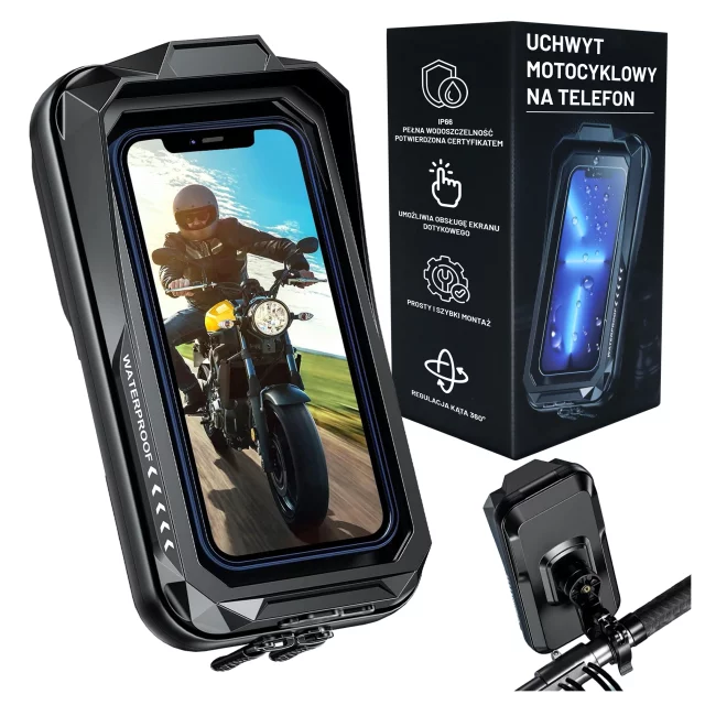 Motorcycle Bike Phone Holder Bag for Phones up to 7" Waterproof IP66 with Touchscreen, with Cable Port, for Motorcycles, Bikes, Scooters, Kewigs - Black