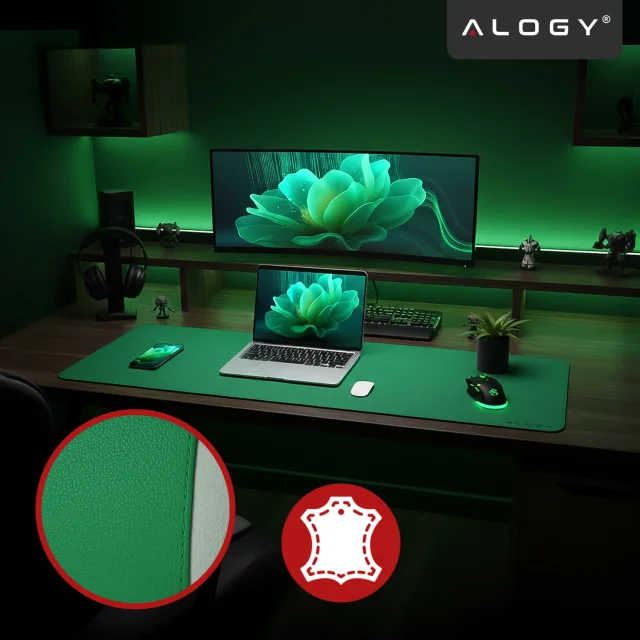 Schreibtischunterlage 80 × 40 cm – rutschfeste Schutzmatte aus elegantem PU-Ökoleder, für Maus und Tastatur, stilvoll und langlebig – Alogy WorkMat™ Grün
