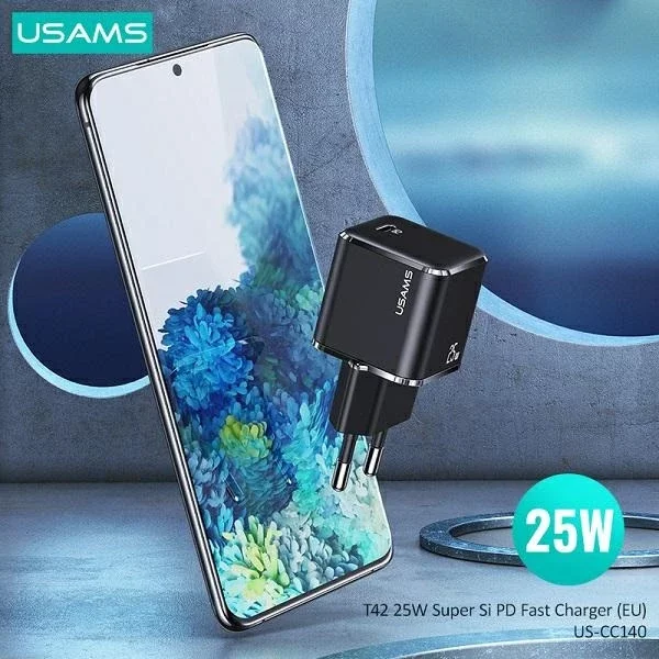 USAMS Ładowarka sieciowa 1x USB-C T42 mini 25W (only head) Super SI 5V-3A PD3.0 Fast Charging czarny/black CC140TC01 (US-CC140)