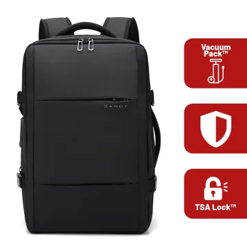 Bange Wasserdichter Laptop-Rucksack für Städtetrips, 46 x 30,5 x 20 cm, erweiterbar für Flugreisen, für Damen und Herren, mit Vakuumfach und Vakuumpumpe, Schwarz