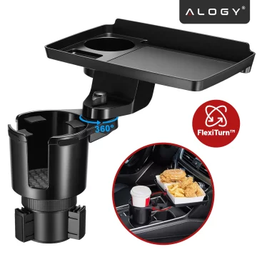Uchwyt Samochodowy na Kubek i Butelkę Telefon z Obrotowym Stoliczkiem 360°, Mobilny Organizer 2w1, Alogy MultiUse Tray™ – Czarny