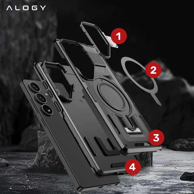 Samsung Galaxy S25 Schutzhülle mit MagSafe-Verstärkung, verstärktem Linsenschutz und Standfunktion, Alogy HeavyDuty Mag™️ Schwarz