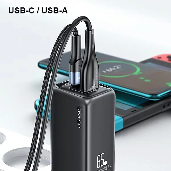 USAMS Ładowarka sieciowa 1xUSB-C+1xUSB T47 65W PD Fast Charging Super Si czarny/black CC153TC01 (US-CC153)