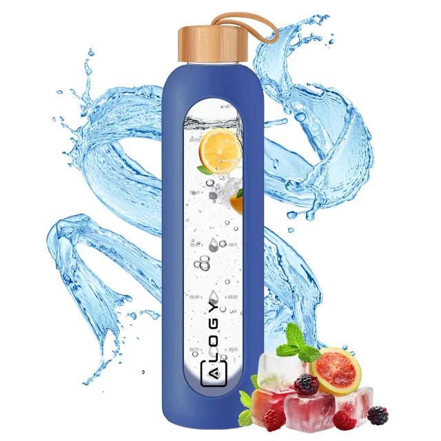 Große Glasflasche, Trinkflasche Alogy Motivational Messbecher 1l 1000ml, Silikonhülle Blau