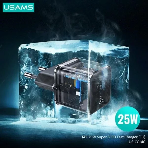USAMS Ładowarka sieciowa 1x USB-C T42 mini 25W (only head) Super SI 5V-3A PD3.0 Fast Charging czarny/black CC140TC01 (US-CC140)