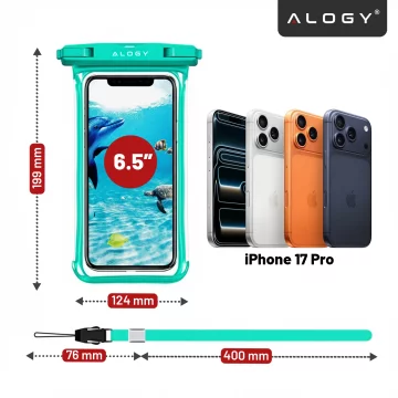 Etui Wodoodporne Uniwersalne IPX8 do Telefonów do 6.5", Wodoszczelna Ochrona na Plażę, Basen i Kajak, Dotykowy Front i Pasek na Szyję, Alogy HydroShield™ – Zielone