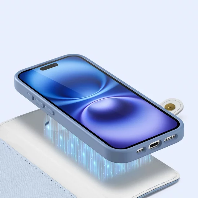 Etui skórzane do iPhone 16 Dux Ducis Lawa z portfelem MagSafe błękitne