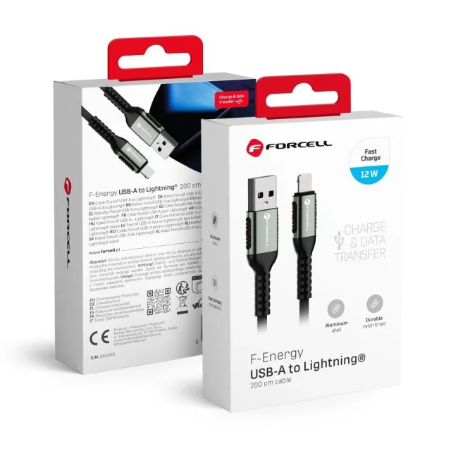 Kabel USB-A na Lightning 12W 2m Nylon Forcell Hliník Bílý