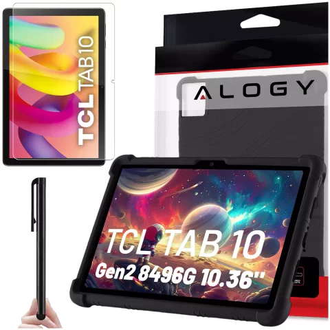 Etui + Szkło do TCL TAB 10 Gen2 8496G 10.36" 10.4 obudowa na tablet silikonowe Alogy Stand Case Czarny + Rysik Gratis