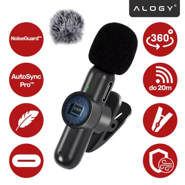 Wireless Microphone 2x Set - Lightning to iPhone, Noise Cancelling, Lightweight Design, Range Up to 20 Meters - 2x Lapel Microphone with Fur Cover, Phone Receiver - Alogy DualVoice™ Black