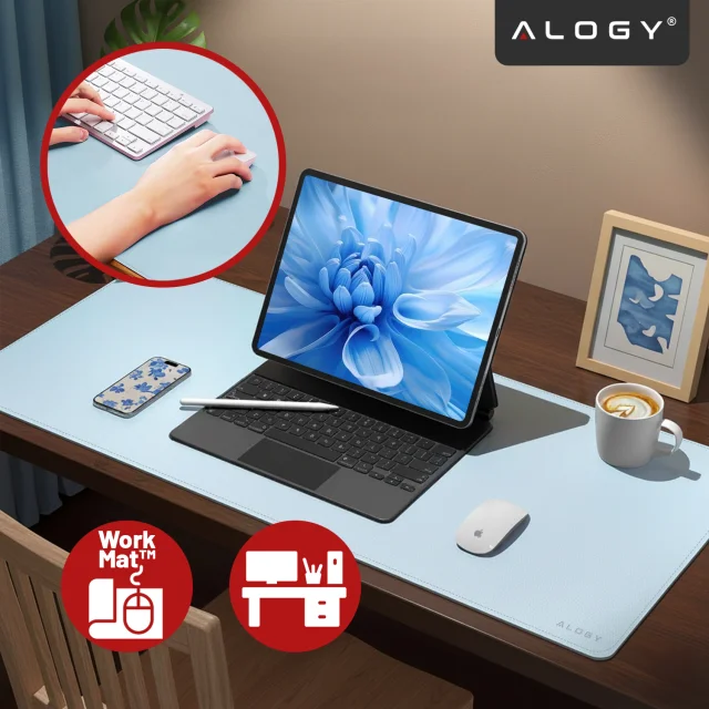 Desk pad 100×50 cm – anti-slip protective mat made of elegant PU eco-leather, for mouse and keyboard, stylish and durable – Alogy WorkMat™ Blue
