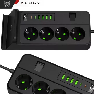 Rozgałęźnik gniazdka Alogy Plug Extender rozdzielacz adapter przedłużacz 3m z ładowarką Qi indukcyjną 4x wtyczka EU + 4x USB + 2x USB-C Czarny