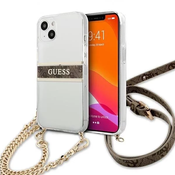 Guess GUHCP13SKC4GBGO iPhone 13 mini 5,4" průhledný pevný obal 4G hnědý řemínek zlatý řetízek