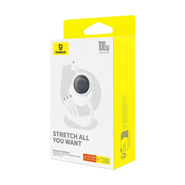 Baseus Free2Draw CB000084 Cable Retractable USB-C - Lightning / USB-C / Micro USB 100W 1.1m - White