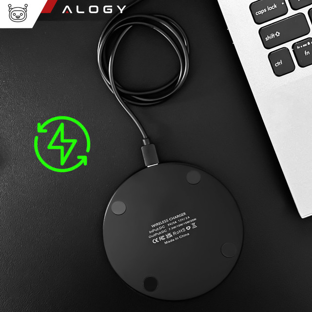 QI bezdrátová indukční nabíječka 20W rychlá LED Alogy kulatý silný USB-C kabel Černý