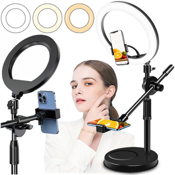 Ring LED ring lamp 10" 2x phone holder standing tripod on desk with adjustable frame Alogy Black