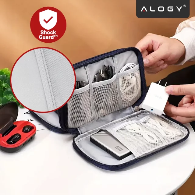 Pouzdro na cestovní doplňky, organizér na kabely, nabíječky, telefon a powerbanku, multifunkční a kompaktní 21 x 12,5 x 5 cm, Alogy TravelPack™ – tmavě modrá