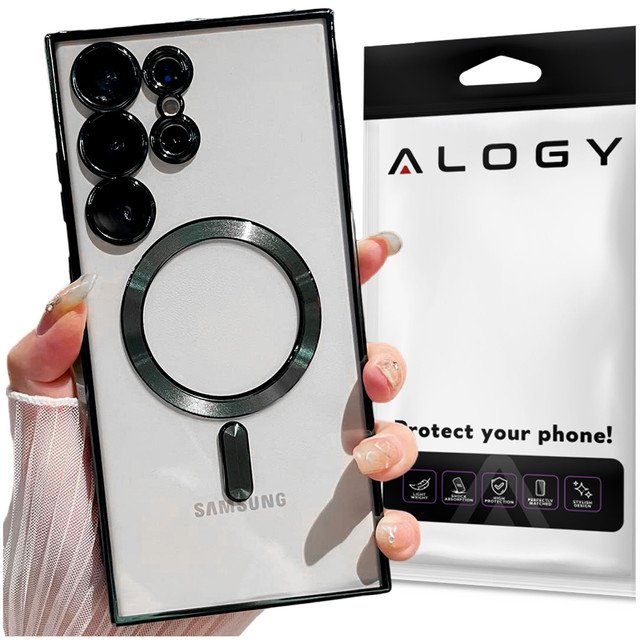 Hülle für Samsung Galaxy S24 Ultra Mag Safe Glamour Case Ringgehäuse Kameraschutz Alogy Schwarz Transparentes Glas