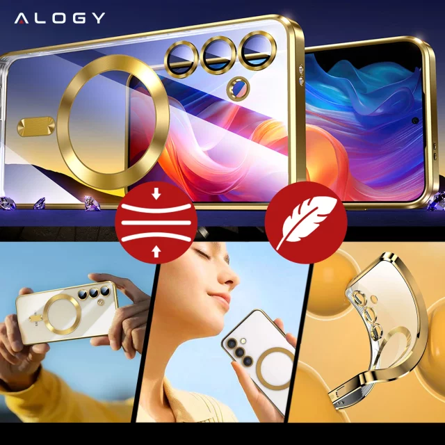 Etui do Samsung Galaxy S24 FE Alogy LuxeShield™️ Glamour Luxury Ring obudowa do MagSafe z osłoną aparatów Złote