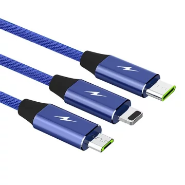 3in1 USB-C Micro-USB-Lightning-Kabel Schnellladung SOMOSTEL SMS-BW03 QC3.0 Schnellladung 2,1 A 10 W 1,2 m Powerline Blau