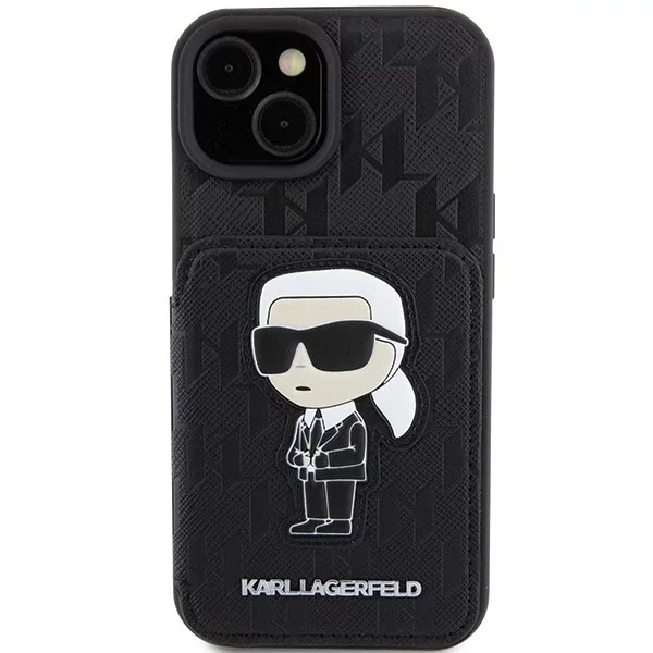 Etui Karl Lagerfeld KLHCP15SSAKKNSCK pro iPhone 15 6,1" černé/černé pevné pouzdro Saffiano sloty pro karty a stojánek Monogram Ikonik Patch