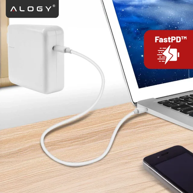Napájecí adaptér pro Apple MacBook Alogy Univerzální nabíjecí kabel 2m USB-C na USB-C Rychlonabíjecí PowerDelivery PD 61W bílý