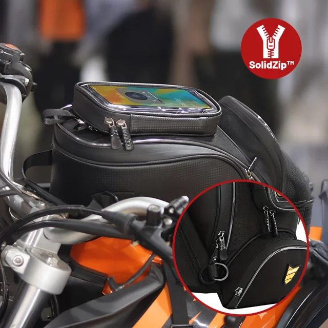 Motorradtasche mit abnehmbarer Handyhülle, wasserdichte Motorradtasche mit Fächern und Tankhalterung, geräumig und robust, MotoRider™ – Schwarz