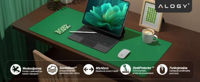 Podložka na stůl 80×40 cm – protiskluzová ochranná podložka z elegantní PU ekokůže, pro myš a klávesnici, stylová a odolná – Alogy WorkMat™ Green