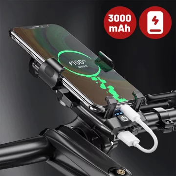 Držák telefonu na kolo 4v1 LED světlo T6 Přední Bell Bike Horn Powerbanka 3000mAh černá