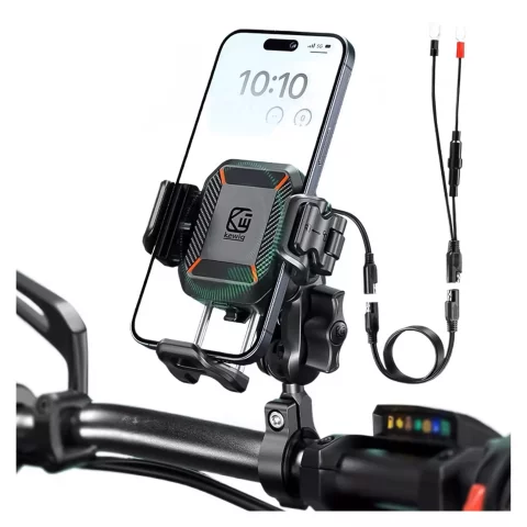 Uchwyt Motocyklowy na kierownicę KEWIG M33-A1 na telefon z ładowarką Qi 15W + PD 30W USB-C z systemem przeciwwstrząsowym na motor quada skuter Czarny