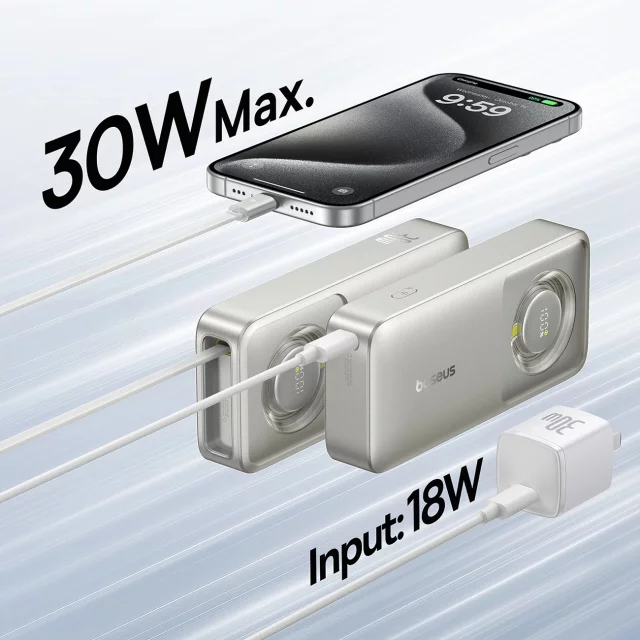 Baseus Free2Pull 10000 mAh 30 W Powerbank mit USB-C-Anschluss und einziehbarem USB-C-Kabel – Grau