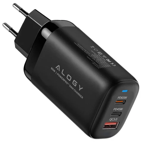 Alogy GaNCarge Kompaktní nástěnná nabíječka 3v1 rychlé nabíjení GaN3 65W USB-A 30W 2x USB-C 65W černá