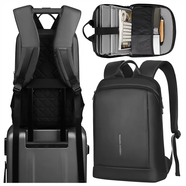 Batoh na notebook Mark Ryden 15,6", vodotěsný, vhodný pro firmy i cestování, pohodlný, otevírání 180°, s háčkem na kufr, 13 l (43 × 30 × 10 cm) – černý