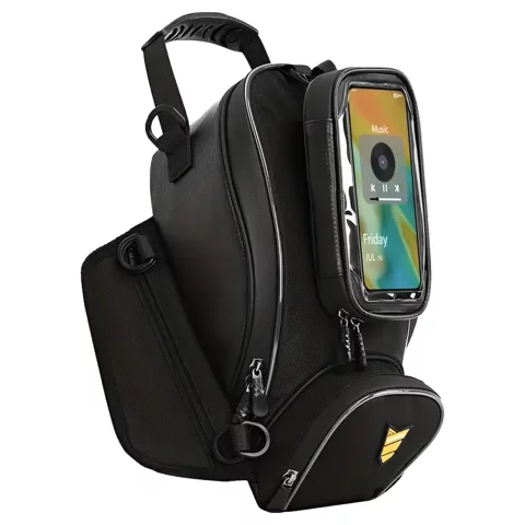 Motocyklová brašna s odnímatelným pouzdrem na telefon, Voděodolná motocyklová brašna s přihrádkami a držákem na nádrž, Prostorná a odolná, MotoRider™ – Černá