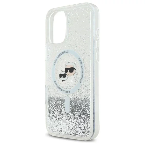 Etui Karl Lagerfeld do iPhone 16 Plus 6.7" Magsafe Hardcase Transparent Liquid Glitter Karl&Choupette Head