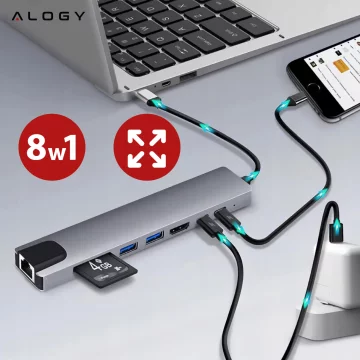 Hub 8v1 USB-C na 2xA 2xC HDMI SD Micro LAN 100mb – Alogy MultiHub™ pro notebooky